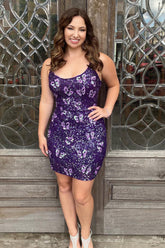 Purple Homecoming Dresses Butterflies Tight Beaded Sequin Short Cocktail Dresses