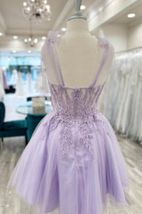 Purple Homecoming Dresses Corset A-Line Tulle Short Flower Prom Dress with Lace