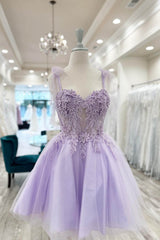 Purple Homecoming Dresses Corset A-Line Tulle Short Flower Prom Dress with Lace