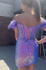 Purple Homecoming Dresses Corset Tight Sequin Short Cocktail Dresses with Feathers