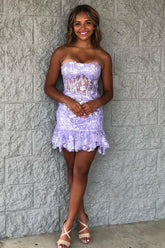 Purple Homecoming Dresses Corset Tight Short Lace Prom Dress