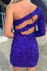 Purple Homecoming Dresses Cut Out Open Back One Shoulder Sequin Prom Dress