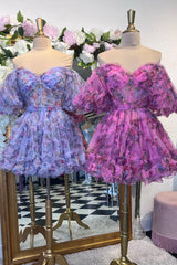 Purple Homecoming Dresses Floral A-Line Short Cocktail Dresses