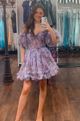 Purple Homecoming Dresses Floral A-Line Short Cocktail Dresses
