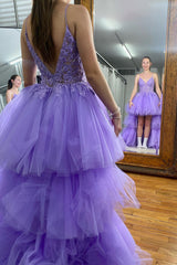 Purple Homecoming Dresses High Low Tiered Prom Dress with Lace