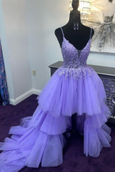 Purple Homecoming Dresses High Low Tiered Prom Dress with Lace