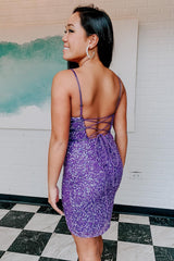 Purple Homecoming Dresses Sequin Backless Tight Short Cocktail Dresses