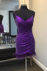 Purple Homecoming Dresses Sequin Open Back Tight Short Cocktail Dresses with Feathers