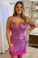 Purple Homecoming Dresses Sequin Tight Prom Dress with Fringes