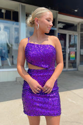 Purple Homecoming Dresses Sequined Cut Out Backless Tight Short Cocktail Dresses