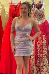 Purple Homecoming Dresses Sequined Lace-Up Back Tight Short Cocktail Dresses