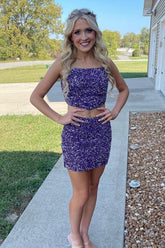 Purple Homecoming Dresses Spaghetti Straps Tight 2 Pieces Short Cocktail Dresses