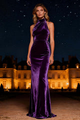 Suzhoufashion Purple Mermaid Halter Lace-Up Back Long Velvet Holiday Party Dress