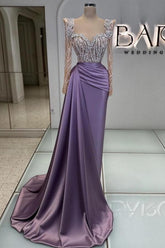 Purple Prom Dress Beading Lace Sequined Formal Dress With Sleeves