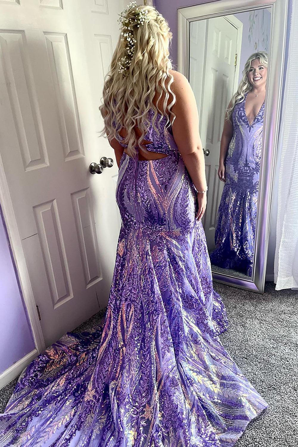 Purple Prom Dress Mermaid Deep V-Neck Long Formal Dress