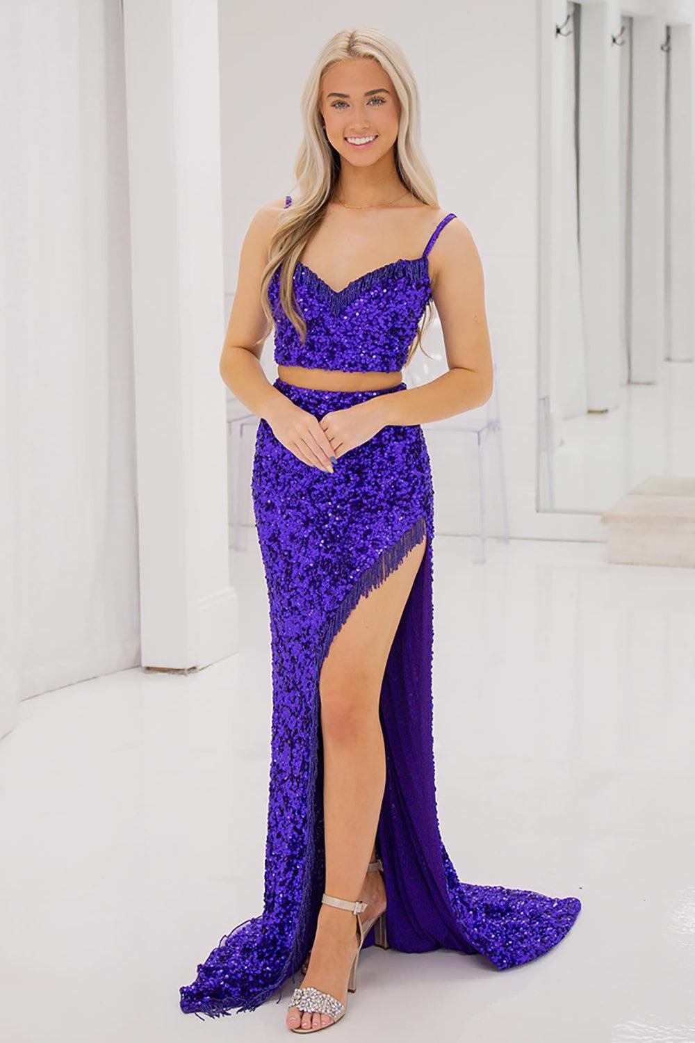 Purple Prom Dress Spaghetti Straps Mermaid Two-Piece Formal Dress With Slit