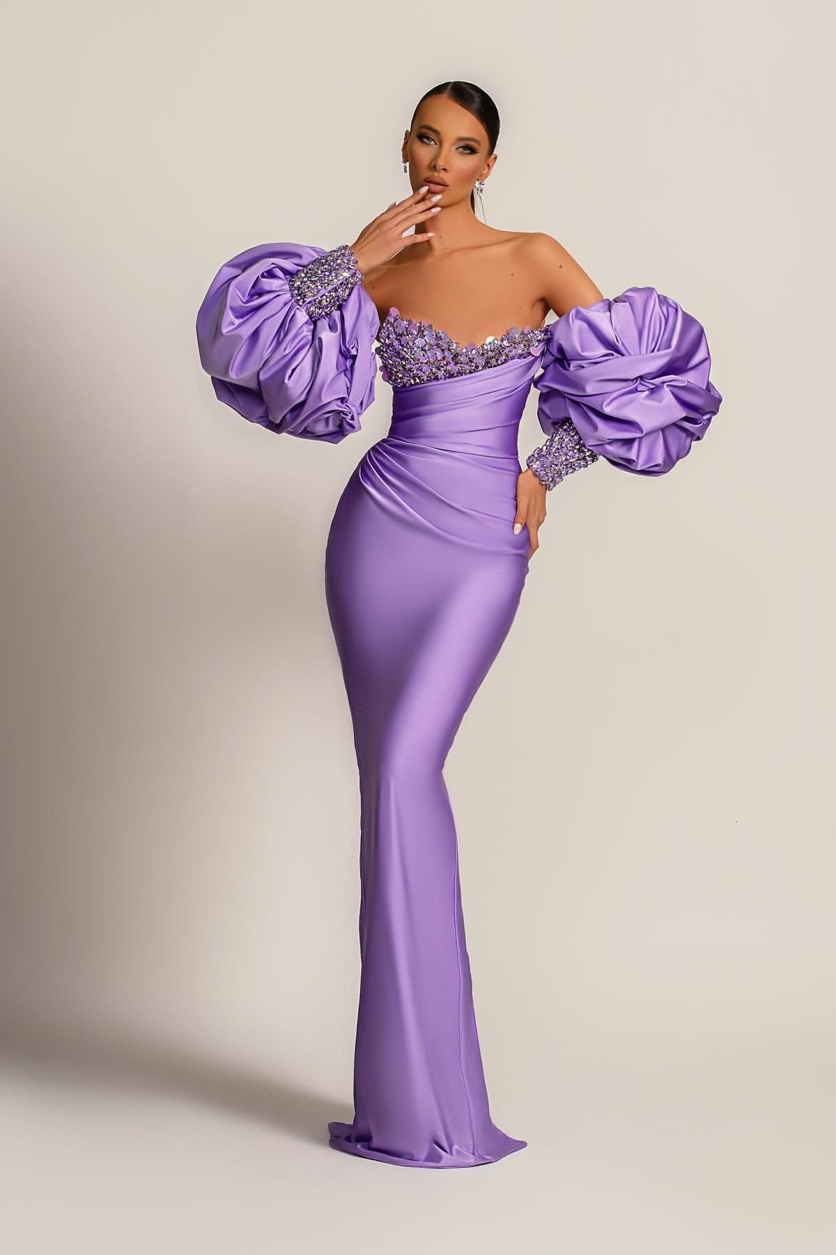 Purple Prom Dress Strapless Mermaid Long Evening Formal Dress With Appliques Puff Sleeves