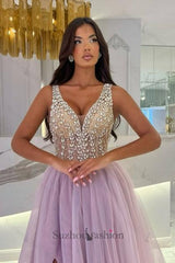 Purple Prom Dress V Neck A Line Spaghetti Strap Beaded Sleeveless Tulle Formal Dress With Rhinestone