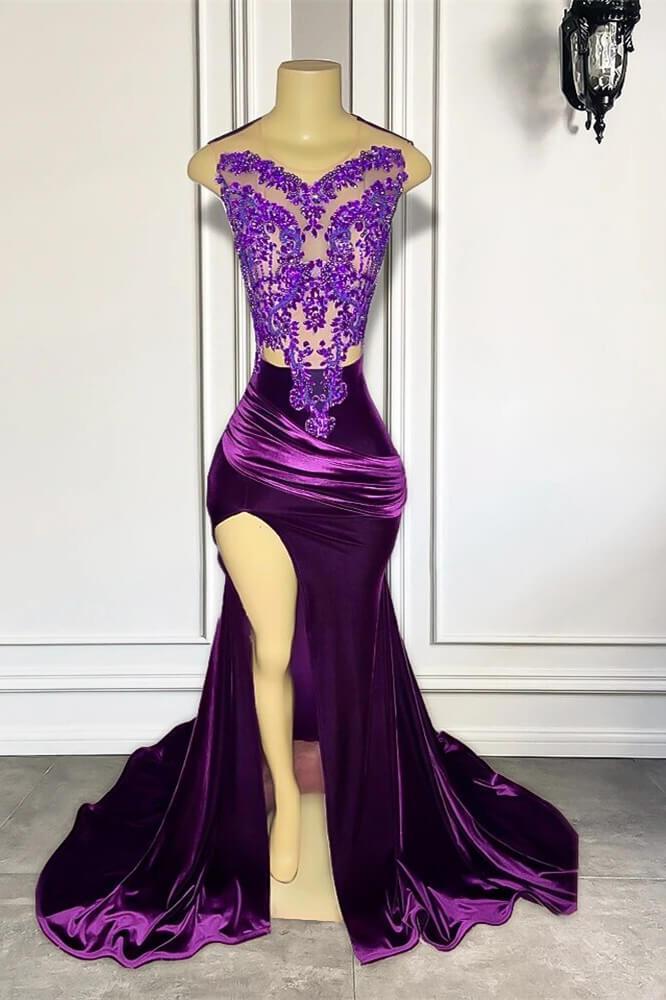 Purple Sleeveless Mermaid Formal Dresses with Split Appliques