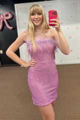 Purple Strapless Homecoming Dresses Sequins Short Cocktail Dresses With Feather