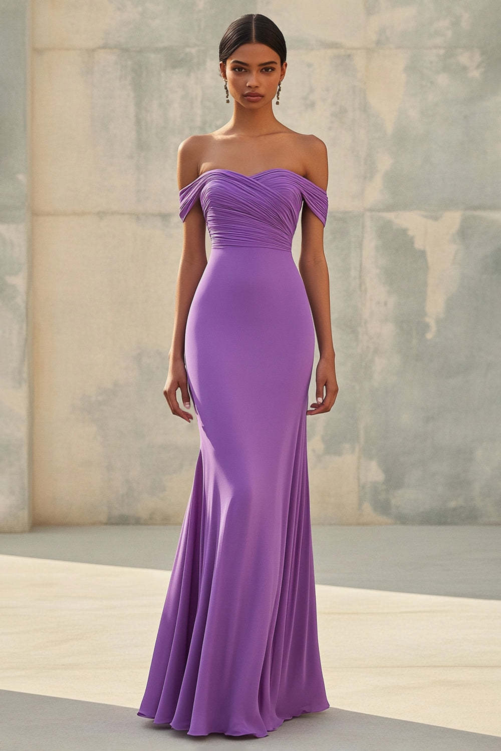 Suzhoufashion Purple Wedding Guest Dress Chiffon Mermaid Off The Shoulder Long Formal Dress With Ruch suzhoufashion Suzhoufashion Purple Wedding Guest Dress Chiffon Mermaid Off The Shoulder Long Formal Dress With Ruch suzhoufashion