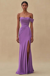 Purple Wedding Guest Dress Mermaid Off The Shoulder Long Formal Dress With Slit