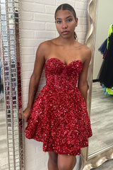Red Homecoming Dresses A-Line Sweetheart Sequin Short Cocktail Dresses with Pockets