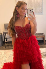 Red Homecoming Dresses Beaded A-Line Tiered High Low Prom Prom Dress