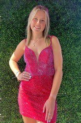 Red Homecoming Dresses Beaded Tight Short Cocktail Dresses
