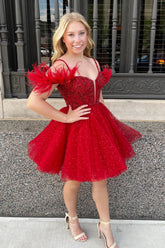Red Homecoming Dresses Corset A-Line Short Cocktail Dresses with Feathers