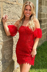 Red Homecoming Dresses Corset Detachable Sleeves Lace Tight Short Cocktail Dresses