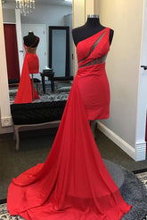 Red Homecoming Dresses Corset One Shoulder Tight Short Satin Prom Dress with Ruffle