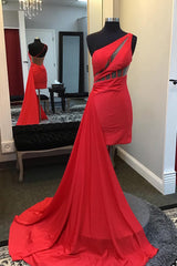 Red Homecoming Dresses Corset One Shoulder Tight Short Satin Prom Dress with Ruffle