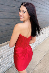 Red Homecoming Dresses Corset Satin Tight Short Cocktail Dresses with Lace Top