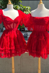 Red Homecoming Dresses Corset Strapless A-Line Short Tulle Prom Dress with Detachable Sleeves