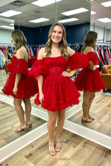 Red Homecoming Dresses Corset Strapless A-Line Short Tulle Prom Dress with Detachable Sleeves