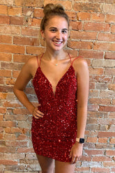 Red Homecoming Dresses Criss-Cross Straps Sequin Tight Short Hoco Dress