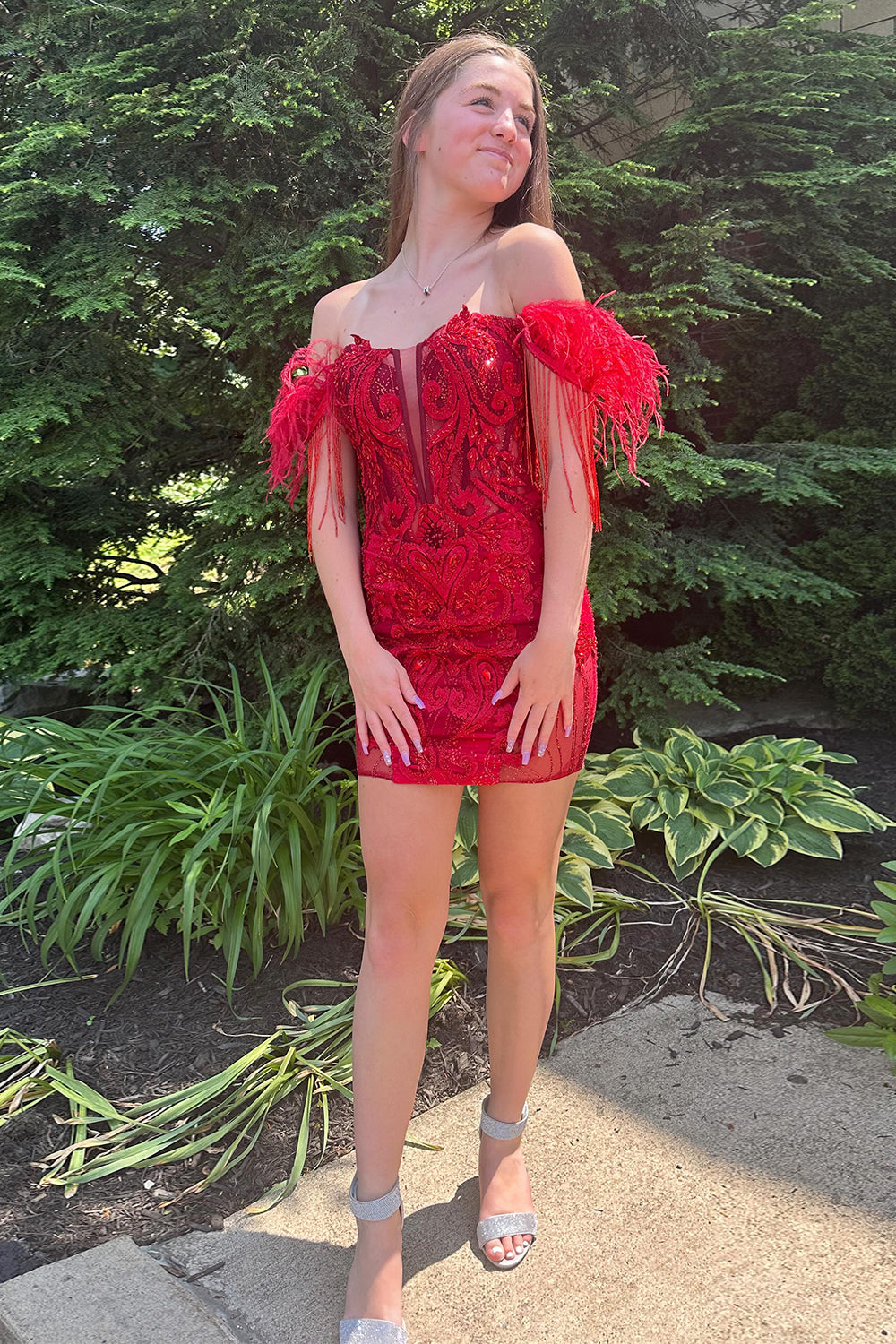 red homecoming dresses tight Red Homecoming Dress Lace Corset Fringed Tight Short Prom Dress with Feathers Suzhoufashion