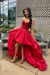 Red Homecoming Dresses Mirror Strapless Corset High Low Prom Dress