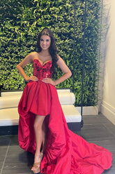 Red Homecoming Dresses Mirror Strapless Corset High Low Prom Dress