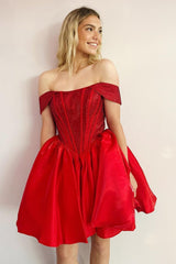 Red Homecoming Dresses Off The Shoulder Corset A Line Short Cocktail Dresses