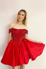Red Homecoming Dresses Off The Shoulder Corset A Line Short Cocktail Dresses