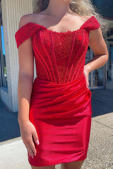 Red Homecoming Dresses Off the Shoulder Tight Short Cocktail Dresses with Lace