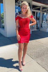 Red Homecoming Dresses Off the Shoulder Tight Short Cocktail Dresses with Lace