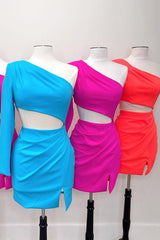 Red Homecoming Dresses One Shoulder Bodycon Short Cocktail Dresses With Slit