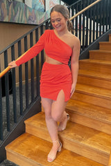 Red Homecoming Dresses One Shoulder Bodycon Short Cocktail Dresses With Slit