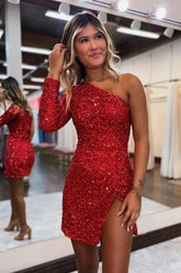 Red Homecoming Dresses One Shoulder One Sleeve Sequin Prom Dress with Slit