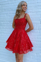 Red Homecoming Dresses Sequin A-Line Short Cocktail Dresses with Pockets