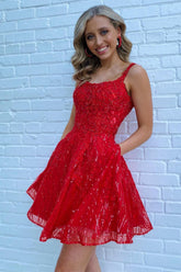 Red Homecoming Dresses Sequin A-Line Short Cocktail Dresses with Pockets