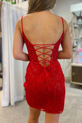 Red Homecoming Dresses Sequin Corset Tight Short Lace Prom Dress